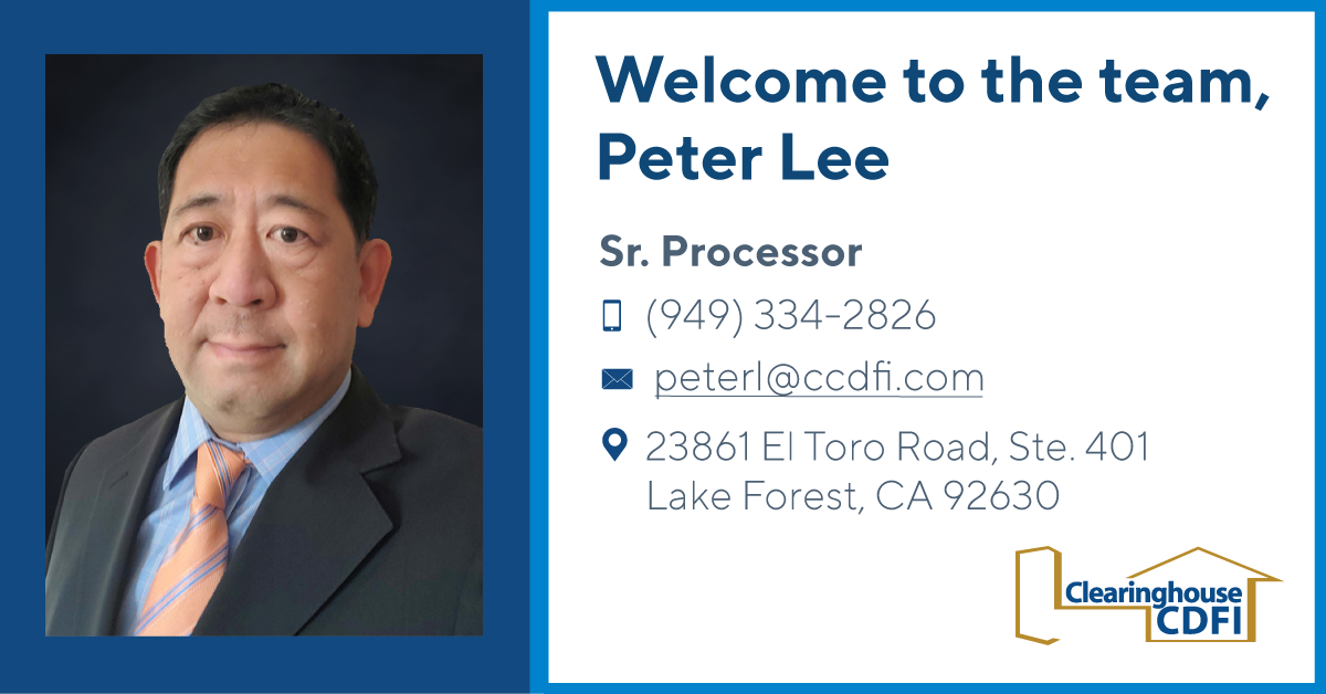 CCDFI Welcomes Sr. Processor, Peter Lee