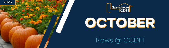 October 2023 newsletter header for Clearinghouse CDFI. A vibrant image featuring a field of orange pumpkins and autumn flowers on the left side. On the right, a deep blue background with the golden text 'OCTOBER' above the logo of 'Clearinghouse CDFI', followed by 'News @ CCDFI' in white