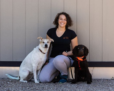 Happy trainer at Sol Dog Lodge with two well-behaved dogs