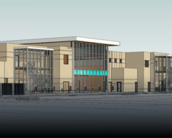 Digital illustration of a healthcare center's front view with a glass entrance, teal accent panels, and a flat roof against a muted sky
