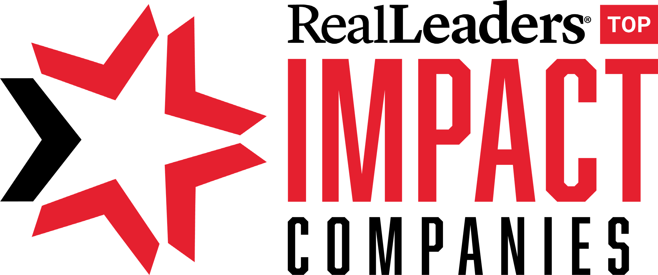 Alt text: "The logo for the Top Impact Companies list. It features bold, uppercase letters in red, reading 'IMPACT' with a stylized red arrow fragmented into four pieces pointing to the left above the 'I' of IMPACT. The word 'TOP' is in smaller, uppercase letters placed in a red box aligned to the top right corner of the logo