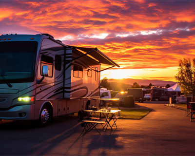 Sunset view at Pecan Grove Mobile Home Park with a luxury RV in the foreground and warm skies above, surrounded by outdoor seating areas