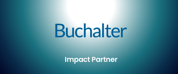 This image features Buchalter as an 'Impact Partner'. The firm's name is written in bold, white fonts on a calming blue gradient background, promoting the firm's strong impact and partnership values