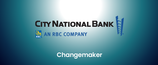 A banner for City National Bank, an RBC company, with the title 'Changemaker'. The bank's logo, which features stylized building blocks, appears on the left side, against a gradient blue background that suggests trust and stability