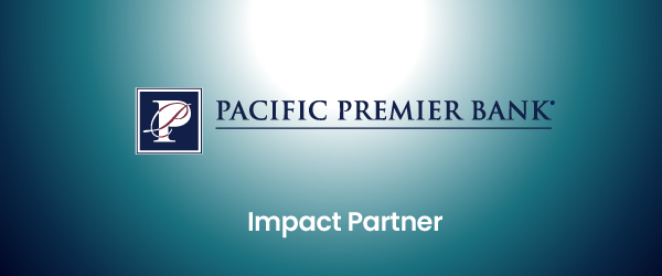 An image showcasing Pacific Premier Bank as an 'Impact Partner'. The bank's logo, depicting a stylized letter 'P' within a square frame, is on the left. The background is a soothing gradient blue, giving a sense of calm and professionalism