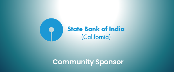 A sponsorship banner for State Bank of India (California), referred to as a 'Community Sponsor'. The logo, a keyhole with a blue circle around it, is positioned to the left on a gradient blue background, indicating security and community trust
