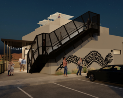 A nighttime rendering of Escondido community development with people ascending an outdoor staircase featuring tribal-inspired artwork, under a starlit sky