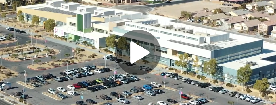 Aerial view of the new West Las Vegas Library complex with surrounding parking lot and nearby residential area