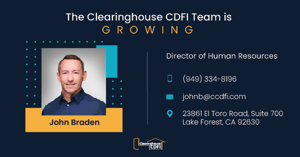 Graphic announcing new staff member John Braden as Director of Human Resources at Clearinghouse CDFI