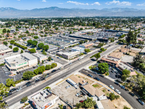 Aerial view of West Covina showing the neighborhood surrounding the Asian Pacific Counseling and Treatment Centers facility financed through Clearinghouse CDFI’s mental health center financing.