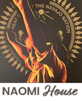 Artwork associated with NAOMI House showing a youth figure over a Navajo Nation–style seal with “NAOMI House” wordmark.
