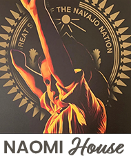 Artwork associated with NAOMI House showing a youth figure over a Navajo Nation–style seal with “NAOMI House” wordmark.