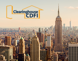 Community Lending in New York. Clearinghouse CDFI logo over New York City skyline representing the organization’s growing presence across New York State.