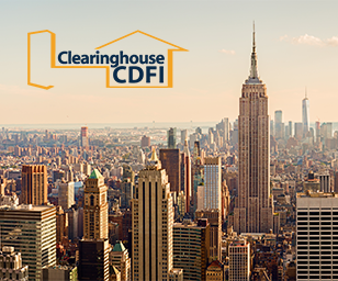 Community Lending in New York. Clearinghouse CDFI logo over New York City skyline representing the organization’s growing presence across New York State.