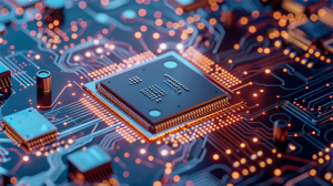 Community Lending in New York. Close-up illustration of a semiconductor chip on a circuit board, representing the upcoming Micron facility planned for Central New York.