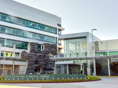 Exterior shot of the main entrance of Martin Luther King, Jr. Medical Campus, a project funded by NMTCs from Clearinghouse CDFI
