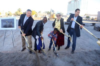 Clearinghouse CDFI's Doug Bystry and four others at groundbreaking for Eclipse Theaters, a community development project