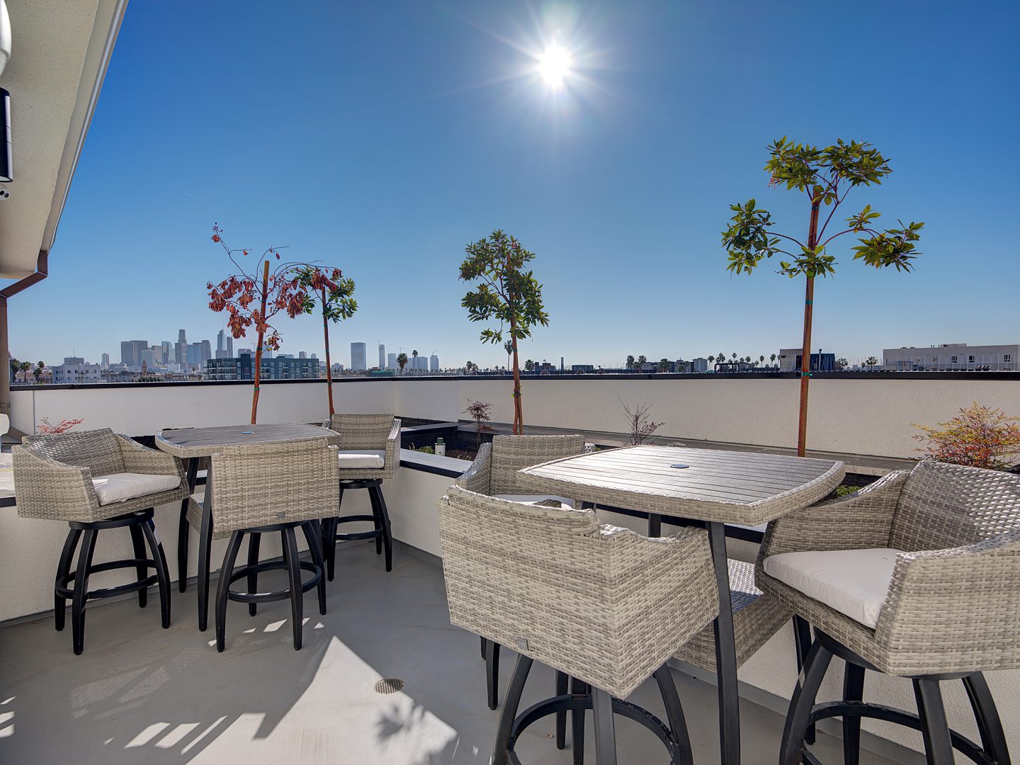 Exterior view from rooftop patio at Nabi multi-family affordable housing building in Los Angeles