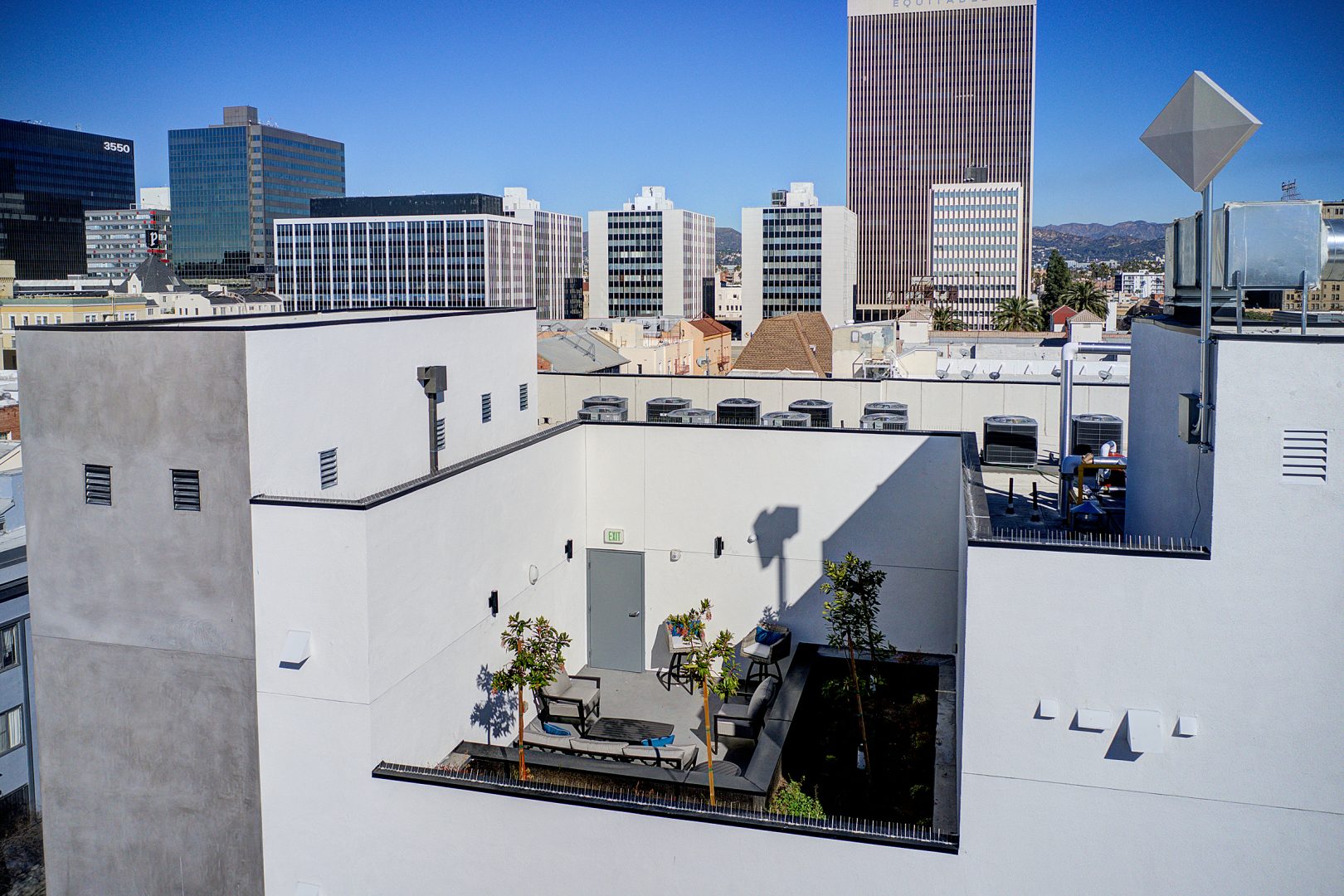 Exterior view of roof at Nabi multi-family affordable housing building in Los Angeles